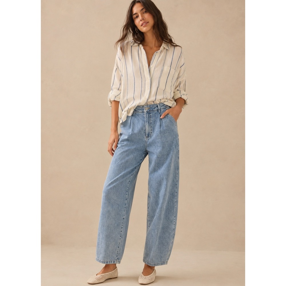 Paige Bella Pleated Trouser Jeans Lordyn Light Wash Wide Leg High Rise- 30